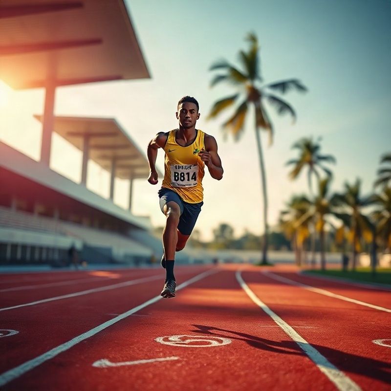Atleta brasileiro de atletismo em treinamento de velocidade em pista vermelha